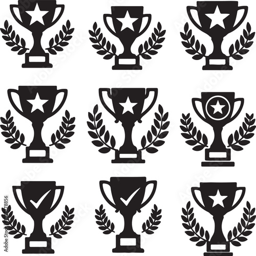 Collection of black and white trophy icons with stars and laurel wreaths perfect for celebrating achievements and success in various contexts