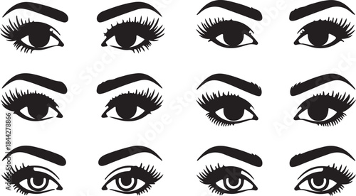 Collection of stylized eye illustrations in black and white showcasing various expressions and eyelash styles