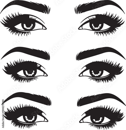 Collection of stylized eye illustrations in black and white showcasing various expressions and eyelash styles