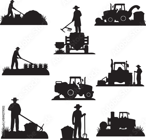 Farmers working with agricultural tools and machinery in various farming activities showcasing rural life and agricultural processes