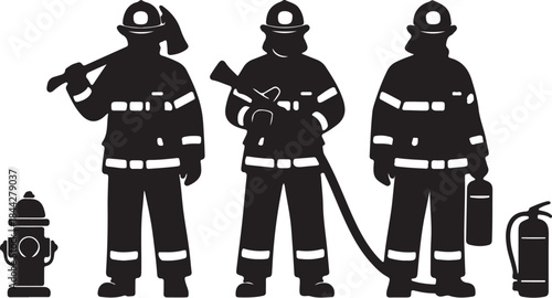 Silhouettes of firefighters in action with equipment isolated on transparent background