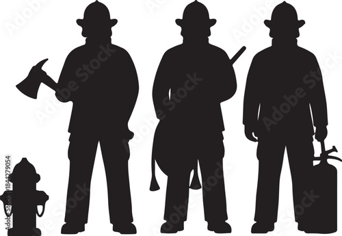 Silhouettes of firefighters standing together with equipment representing teamwork and safety in emergency services