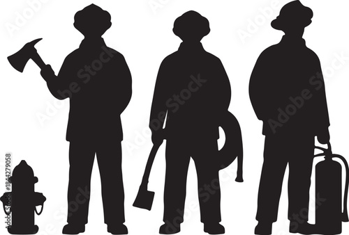 Silhouettes of firefighters standing with equipment representing teamwork and readiness in emergency response