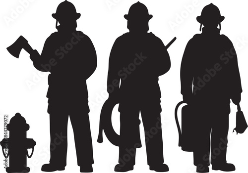 Silhouettes of Firefighters with Equipment Ready for Action Firefighting Team