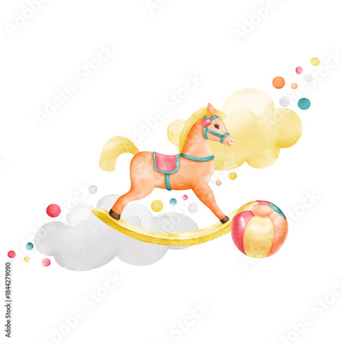 Toys for toddlers. Diagonal composition with a rocking horse, ball, clouds, and colorful dots. Watercolor illustration isolated on a white background suitable for cards, decor, and prints.