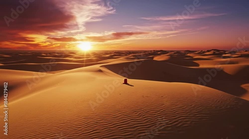 Dramatic drone aerial wide shot pulling away slowly from a small red camping backpack resting alone on a vast, textured expanse of golden desert sand at sunset small, wilderness, exploration