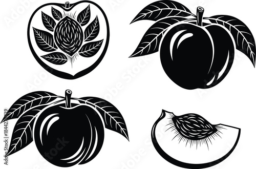 Peach fruit silhouette set with whole, sliced, and leafed variations, perfect for food graphics, packaging designs, botanical artwork, and juice branding