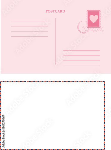 Postcard pink romantic air mail template with heart stamp, Vintage empty letter, envelope. Retro postage card. Blank template