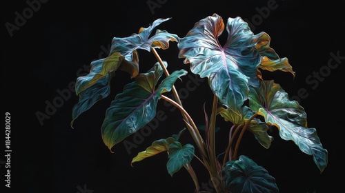 An image of large, bluish-green leaves with a glossy surface and intricate patterns, dramaticly lit against a dark background. Modern artwork or decorative imagery.