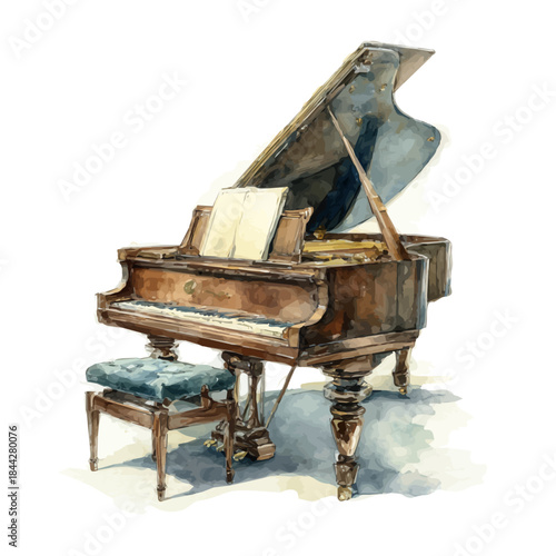 Watercolor illustration of Piano, vector artwork, isolated on white background.