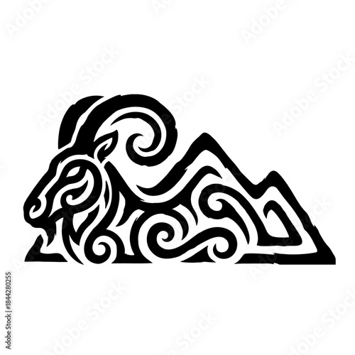 Tribal Goat Mountain Logo, Bold Curved Lines, Simple Mountain Pattern, Black Vector Illustration