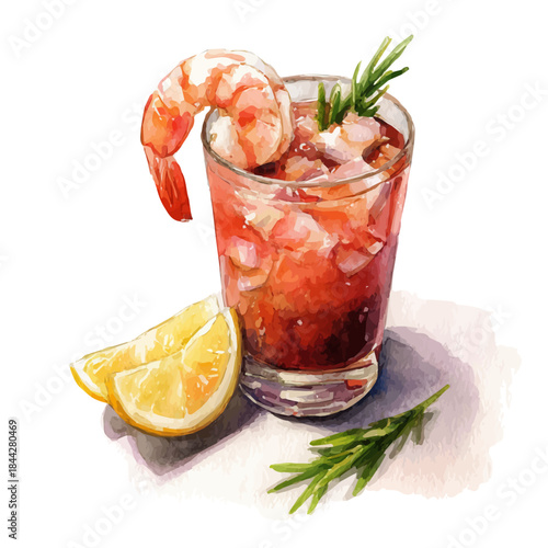 Shrimp Cocktail, watercolor painting, vector illustration, isolated on a white background.