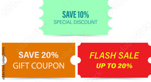 Collection of bright and colorful discount coupons and sale tags for advertising promotions