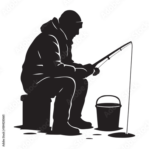 Silhouette black of fisherman sitting beside ice hole with rod vector illustration