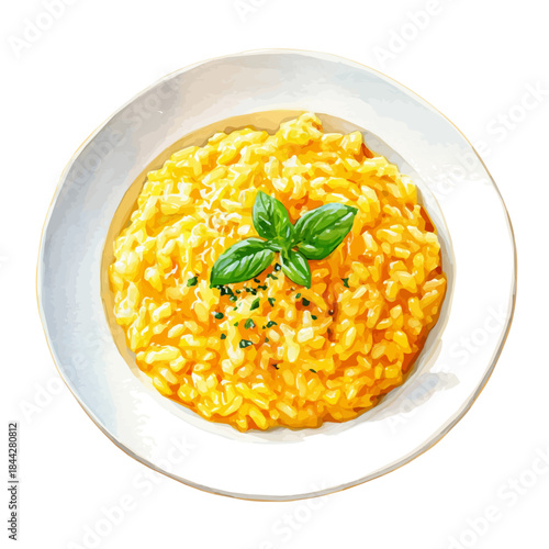 Watercolor illustration of Risotto Milanese, vector artwork, isolated on white background.