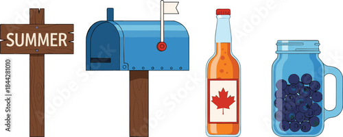 Summer-themed illustration set featuring wooden sign, mailbox, maple syrup bottle