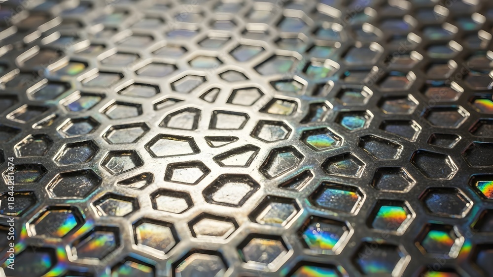 Fototapeta premium A close-up view of a metallic surface featuring an intricate hexagonal honeycomb pattern with iridescent reflections.