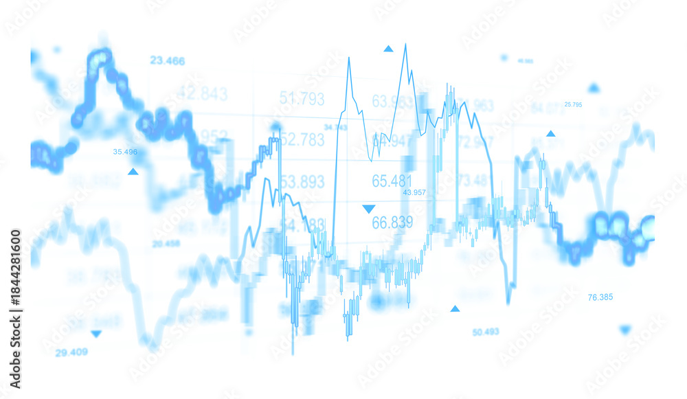 Fototapeta premium Abstract financial stock chart with blue data lines and blur effect on white background, showcasing investment trends and analysis concept.. 3D Rendering
