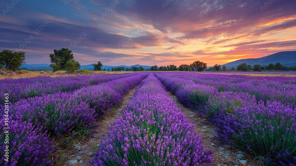 Fototapeta premium Lavender Field at Sunset with Pathway and Mountains