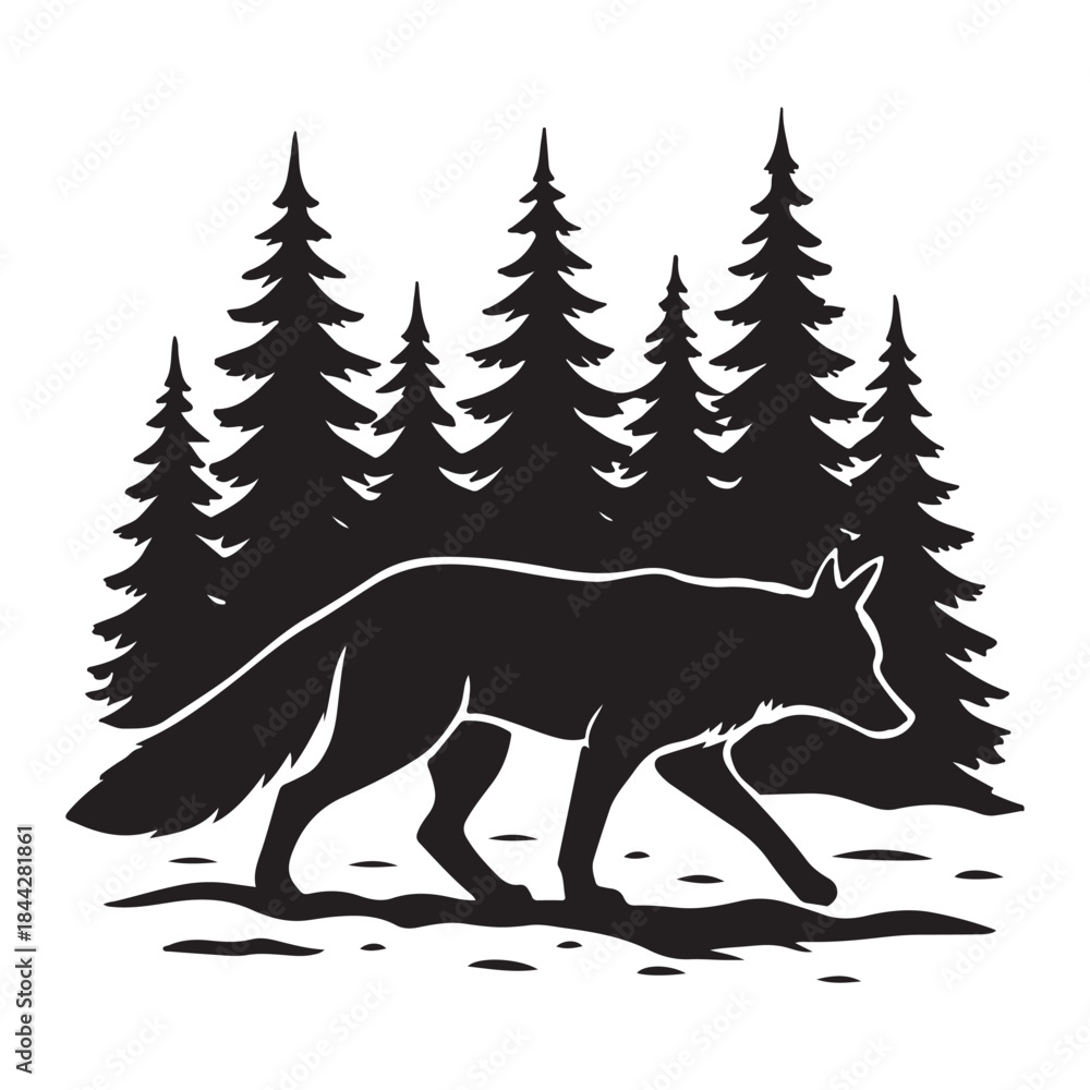 Obraz premium Silhouette winter fox walking through dense pine trees vector illustration