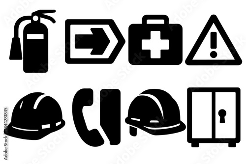Safety equipment silhouette icon set. featuring fire extinguisher, exit arrow, first aid kit, warning sign, hard hat, and locker symbols