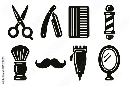 Barber tools silhouette icon set. featuring scissors, razor, comb, pole, brush, mustache, clipper, mirror