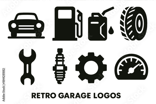Retro garage silhouette icon set. featuring car, fuel, oil, tire, wrench, spark plug, gear, speedometer