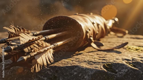 Dramatic golden hour light illuminating an antique quiver and arrows sitting on rough stone, with subtle dust particles floating atmospherically medieval, artifact, sitting