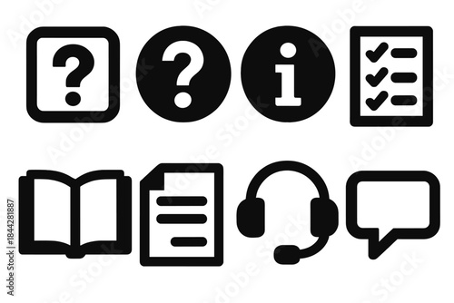 Information and communication silhouette icon set. featuring faq, info, checklist, book, document, headset, and chat symbols