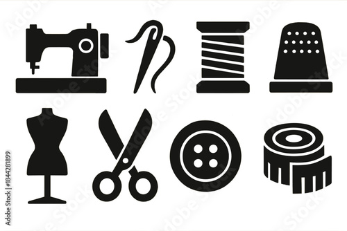 Sewing tools silhouette icon set. featuring sewing machine, needle, thread, thimble, mannequin, scissors, button, tape measure