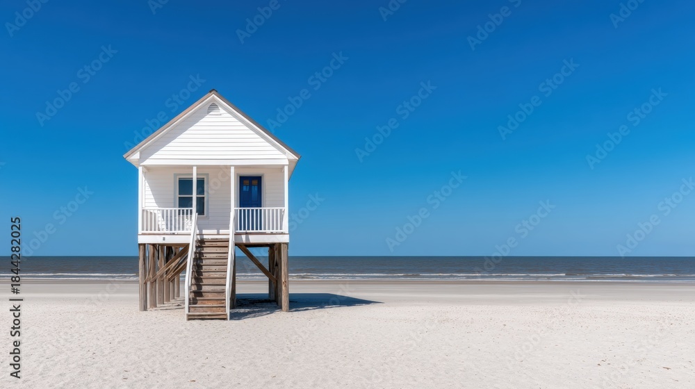 Fototapeta premium Vacation home insurance, A serene beach scene featuring a white house on stilts, set against a clear blue sky and calm ocean waters.