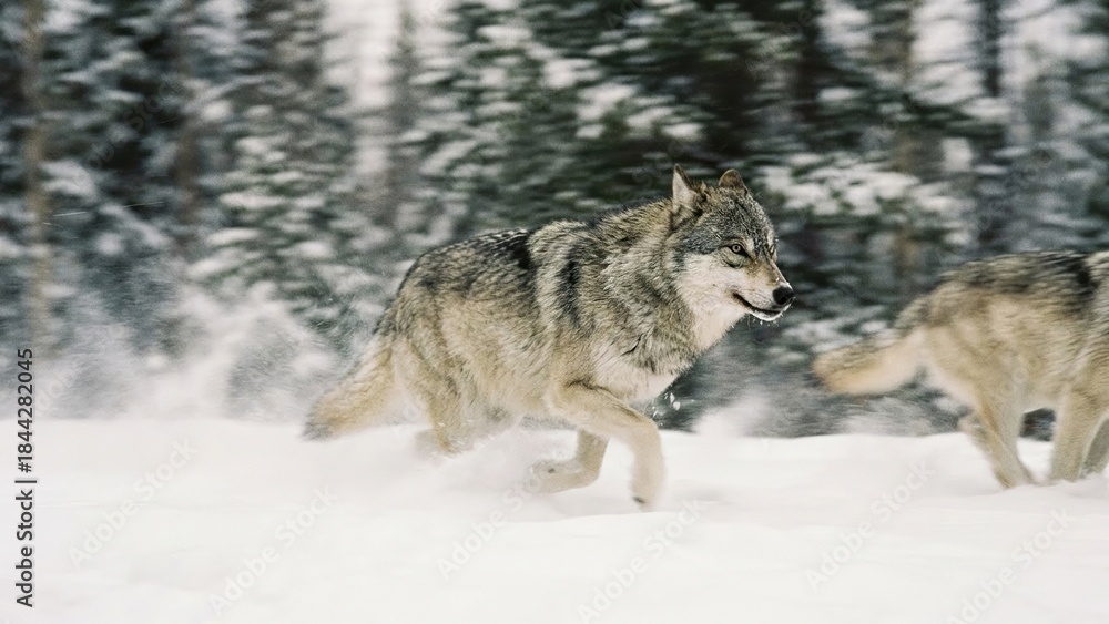 Fototapeta premium Dynamic Grey Wolves Running and Chasing Through Deep Snow in a Winter Forest