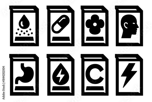 Medicine silhouette icon set. featuring pill, drop, flower, head, stomach, water, energy, cycle, and lightning symbols