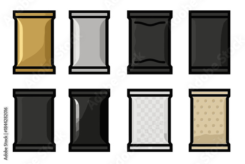 Food packaging linear icon set. featuring gold, silver, matte, gloss, transparent, dotted, and textured bags