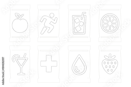 Health and fitness silhouette icons set. apple, running, drink, citrus, cocktail, health, water, strawberry