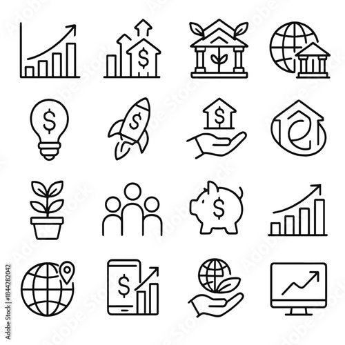 Finance linear icon set. featuring growth, investment, bank, globe, piggy bank, team, and mobile symbols