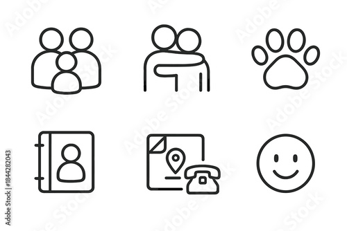 Family and communication linear icon set. featuring family, friends, pet, contacts, map location, phone, and smile symbols