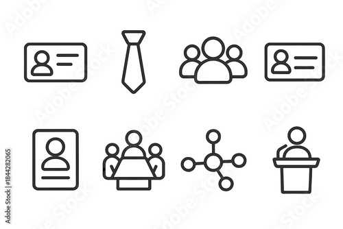 Business networking linear icon set. featuring id cards, tie, group, meeting, structure, and presentation symbols