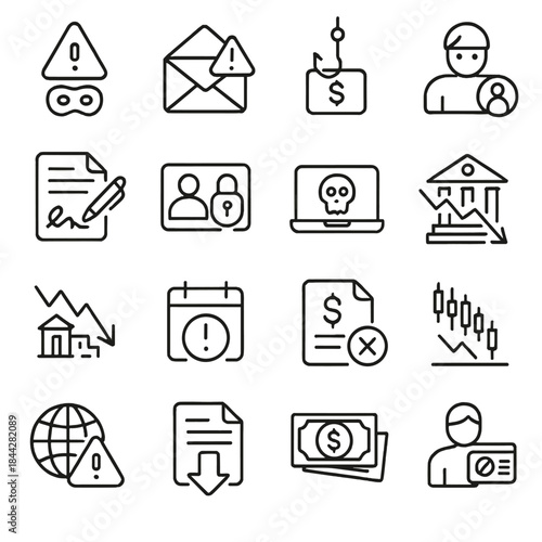 Cybersecurity linear icons set. featuring alert, email, phishing, identity theft, encryption, malware, data breach