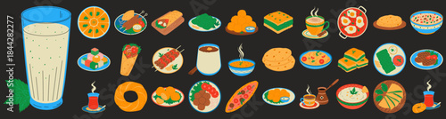 Turkish national food set. Baklava, doner kebab, rahat lukum, shawarma, kebab, ayran, boza, turkish tea, bagel simit and other