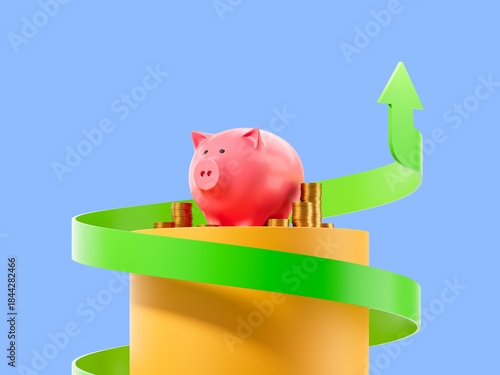 Creative concept of savings and financial growth with piggy bank and upward arrow on coins podium in 3D Rendering style on blue background. 3D Rendering
