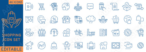 Shopping line editable icon set. shop, Containing cart, , offer, delivery, buy, e-commerce, , product, customer, online shopping and more. Vector illustration.