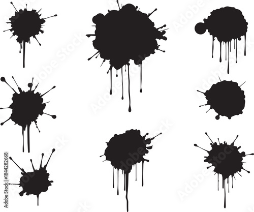 Brush set. Vector black paint brush spots, highlighter lines or felt-tip pen marker. Ink smudge abstract shape stains and smear set with texture