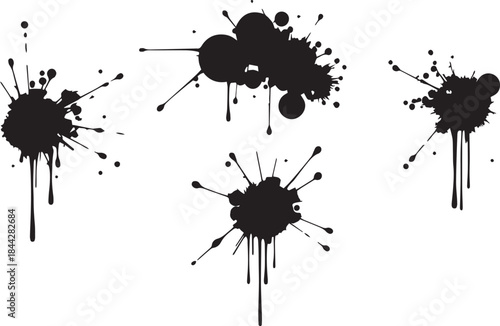 Brush set. Vector black paint brush spots, highlighter lines or felt-tip pen marker. Ink smudge abstract shape stains and smear set with texture