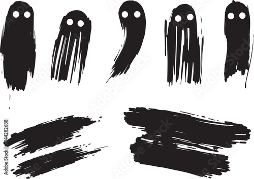 Brush set. Vector black paint brush spots, highlighter lines or felt-tip pen marker. Ink smudge abstract shape stains and smear set with texture