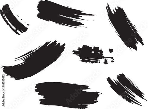 Brush set. Vector black paint brush spots, highlighter lines or felt-tip pen marker. Ink smudge abstract shape stains and smear set with texture