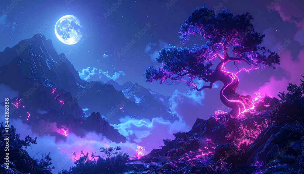 Fototapeta premium Surreal Mountain Landscape at Night with Glowing Tree and Moon fantasy