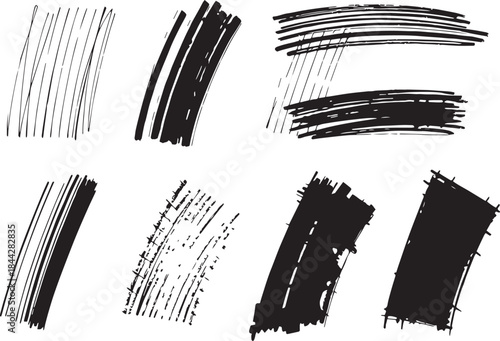 Brush set. Vector black paint brush spots, highlighter lines or felt-tip pen marker. Ink smudge abstract shape stains and smear set with texture