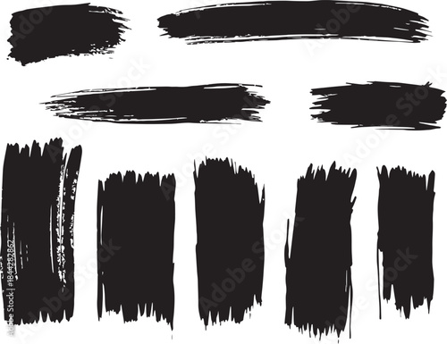 Brush set. Vector black paint brush spots, highlighter lines or felt-tip pen marker. Ink smudge abstract shape stains and smear set with texture