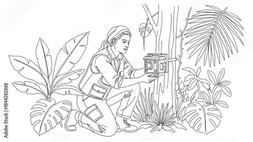 High-Quality Black Continuous Line Art of Wildlife Biologist Setting Up Camera Trap in Jungle to Study Nocturnal Animals